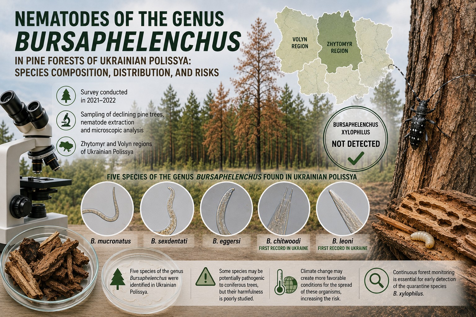 Monitoring of Wood Nematodes of the Genus Bursaphelenchus in Polissia of Ukraine: Species Composition, Distribution, and Quarantine Significance