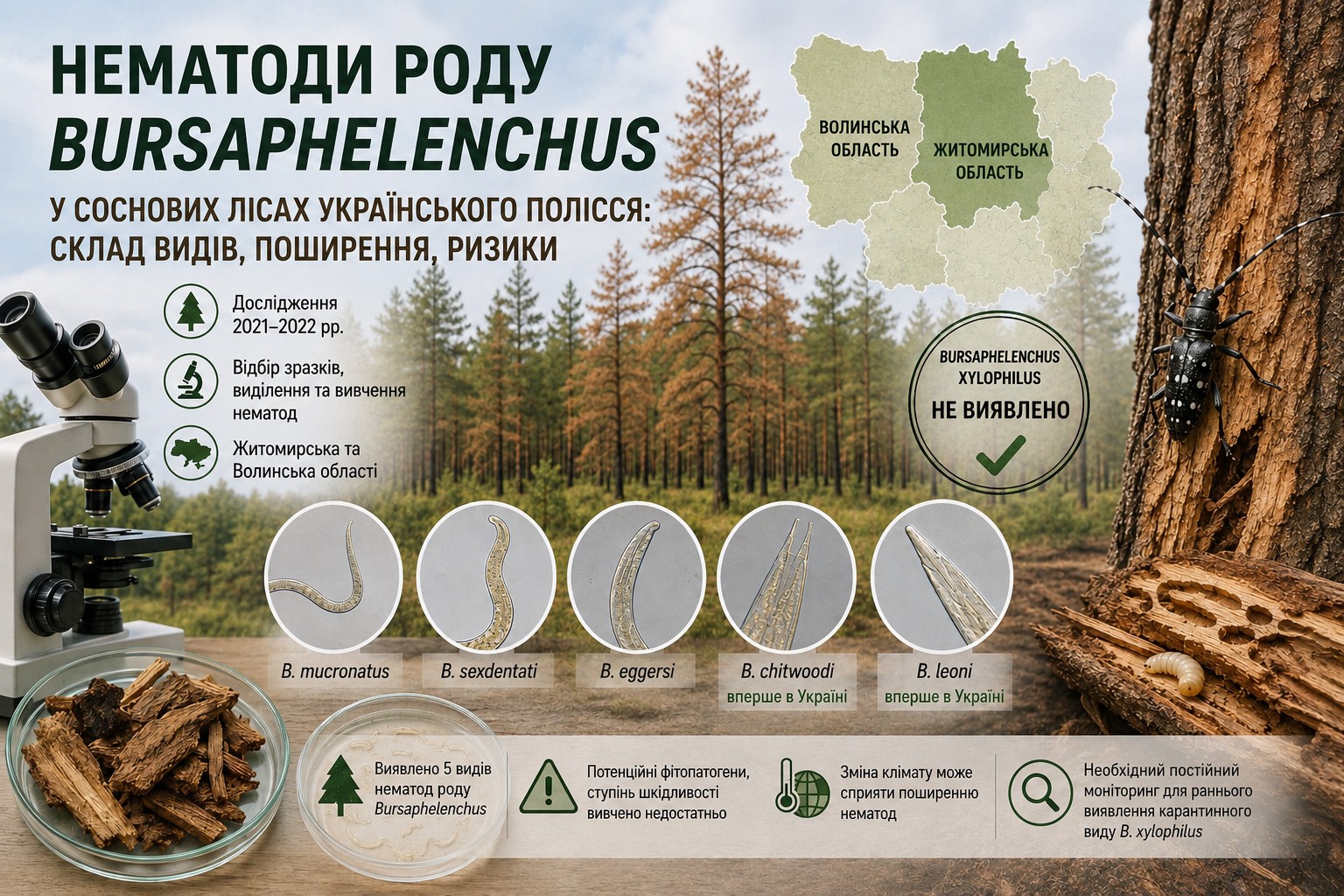 Моніторинг деревинних нематод роду Bursaphelenchus у Поліссі України: видовий склад, поширення та карантинне значення.